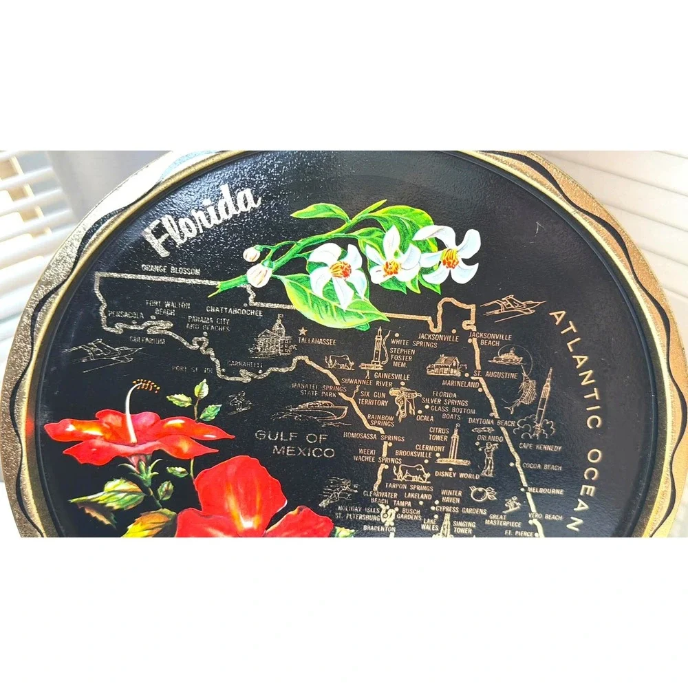 Vintage Florida Souvenir Tray 11in Black MCM Map Hibiscus Metal